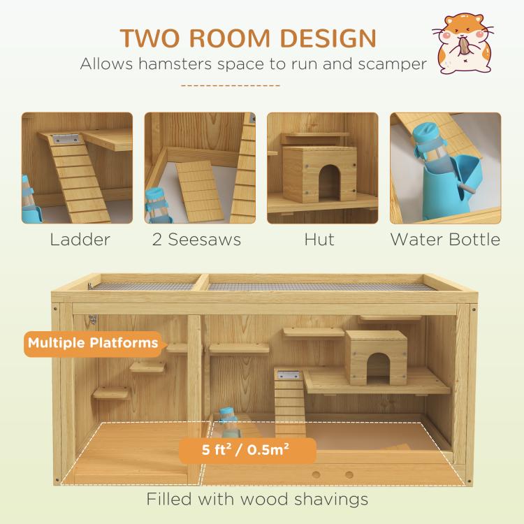 Wooden Hamster Cage with Water Bottle, Platforms, Openable Roof, Sliding Tray, Hut, Seesaws, Natural Wood Finish