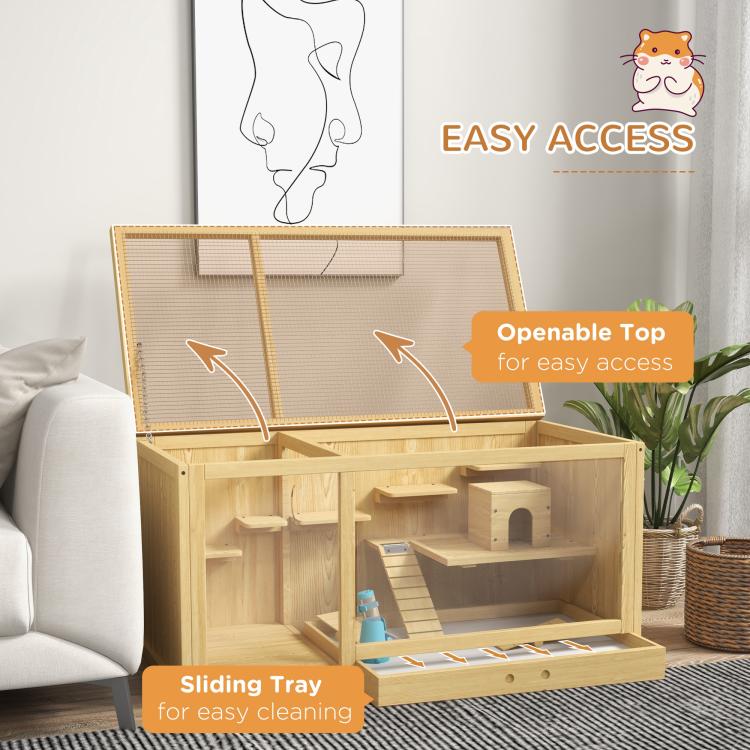 Wooden Hamster Cage with Water Bottle, Platforms, Openable Roof, Sliding Tray, Hut, Seesaws, Natural Wood Finish