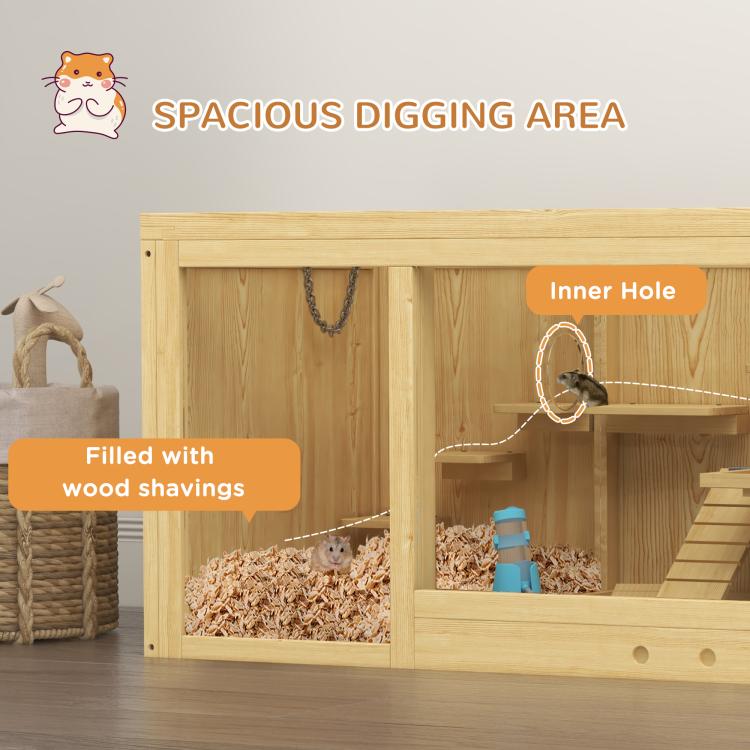 Wooden Hamster Cage with Water Bottle, Platforms, Openable Roof, Sliding Tray, Hut, Seesaws, Natural Wood Finish