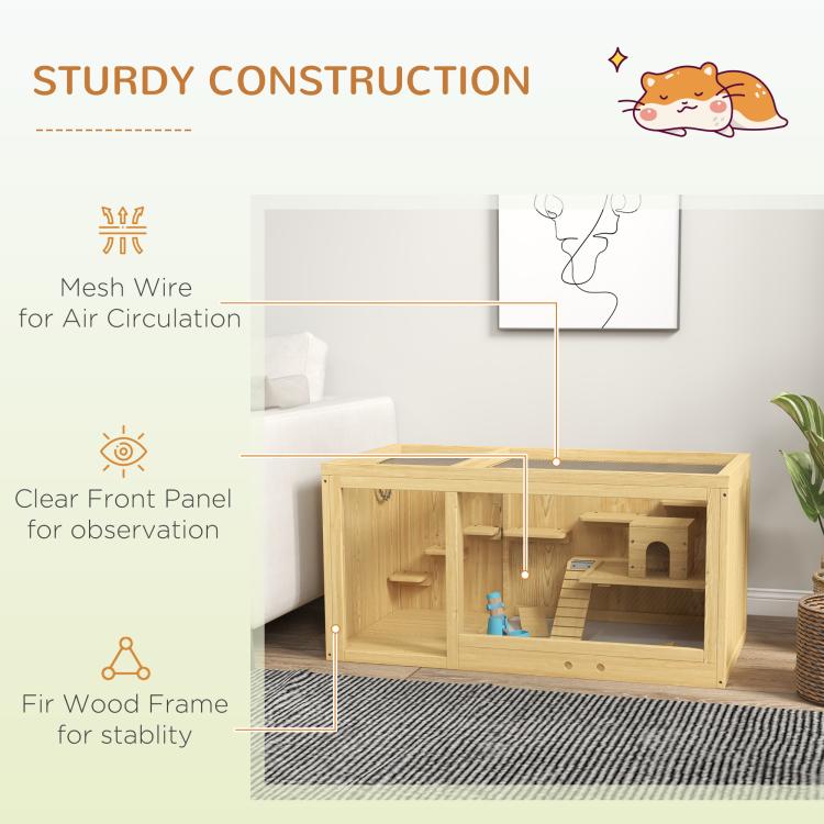 Wooden Hamster Cage with Water Bottle, Platforms, Openable Roof, Sliding Tray, Hut, Seesaws, Natural Wood Finish