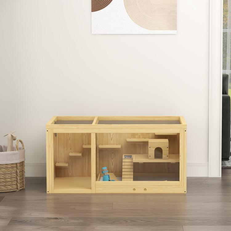 Wooden Hamster Cage with Water Bottle, Platforms, Openable Roof, Sliding Tray, Hut, Seesaws, Natural Wood Finish