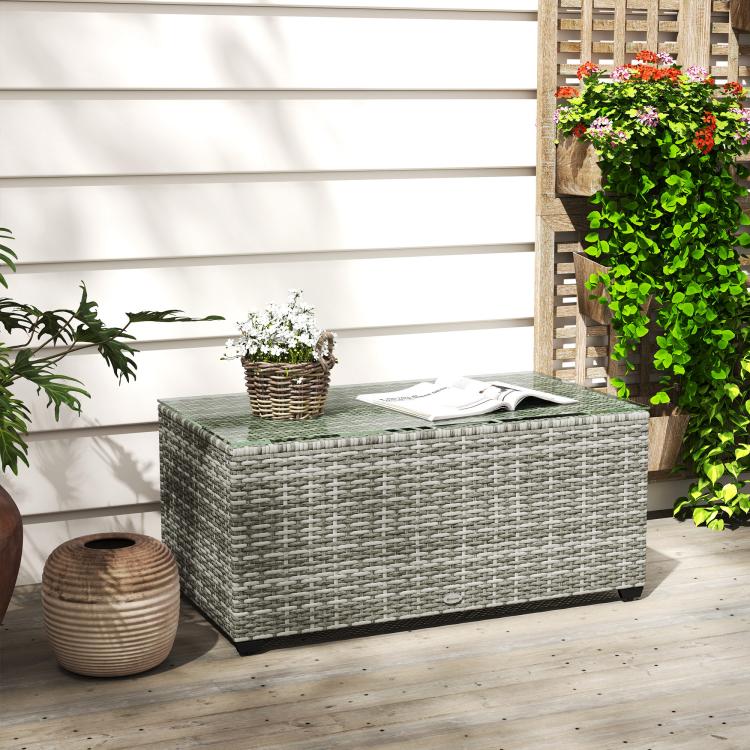 90 x 50cm Glass-Top Rattan Side Table - Light Grey