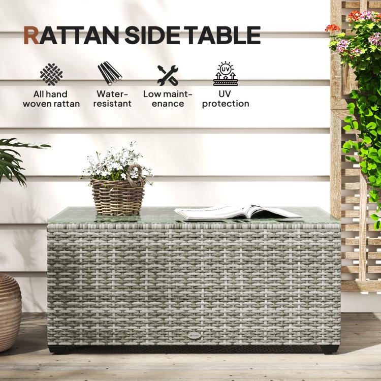90 x 50cm Glass-Top Rattan Side Table - Light Grey