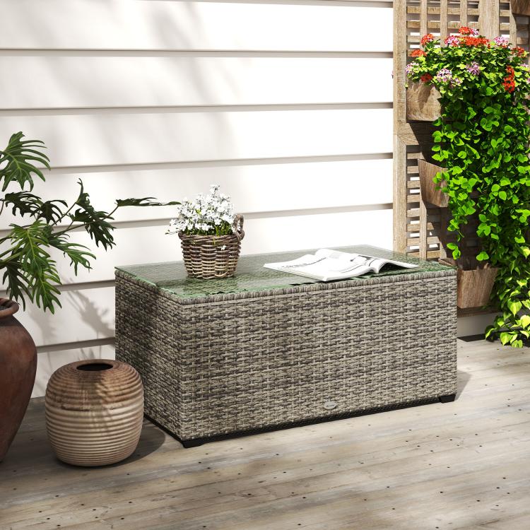 90 x 50cm Glass-Top Rattan Side Table - Dark Grey