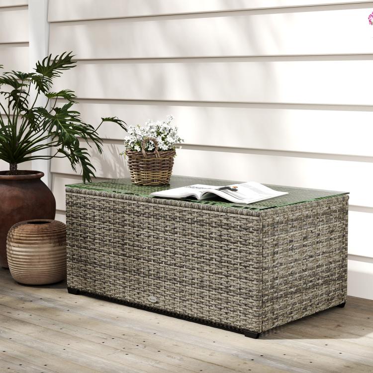 90 x 50cm Glass-Top Rattan Side Table - Dark Grey