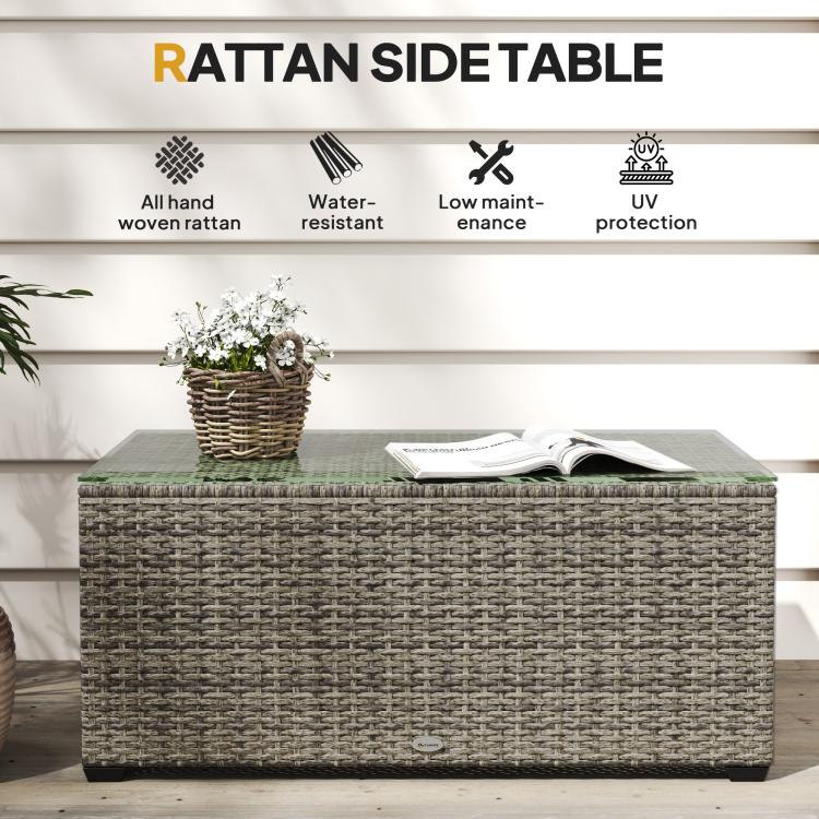 90 x 50cm Glass-Top Rattan Side Table - Dark Grey