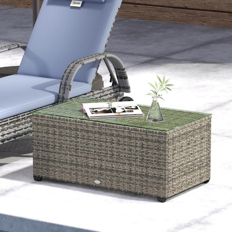 90 x 50cm Glass-Top Rattan Side Table - Dark Grey