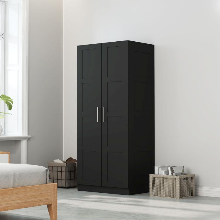 Double Panel Door Wardrobe, with Shelves - Black