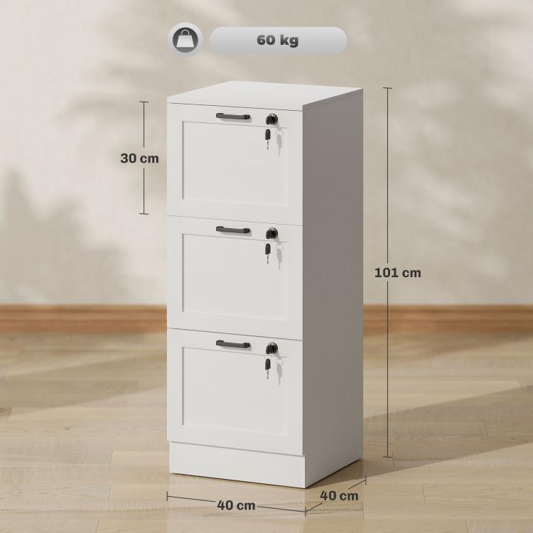 3-Drawer Filing Cabinet with Lock - White