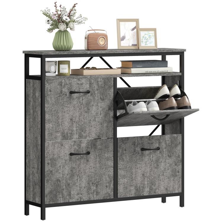 Shoe Storage Cabinet with 4 Flip Drawers and Open Shelf - Cement Grey