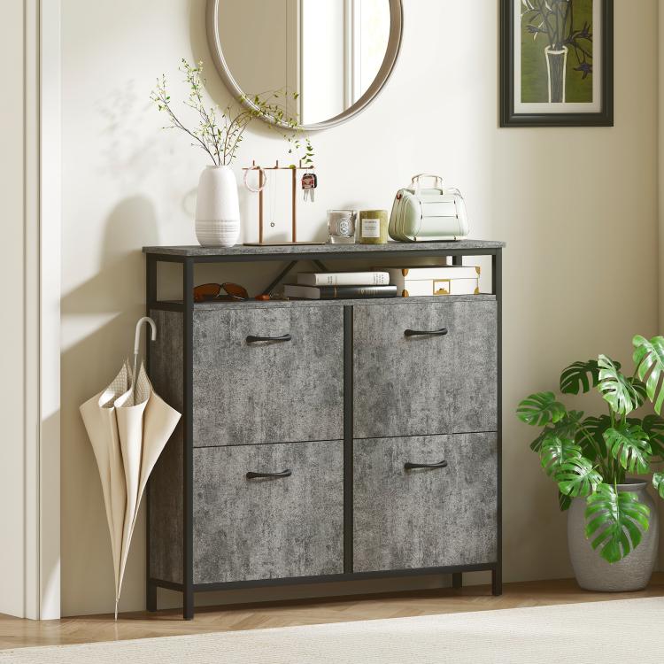 Shoe Storage Cabinet with 4 Flip Drawers and Open Shelf - Cement Grey