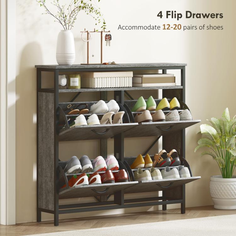 Shoe Storage Cabinet with 4 Flip Drawers and Open Shelf - Cement Grey