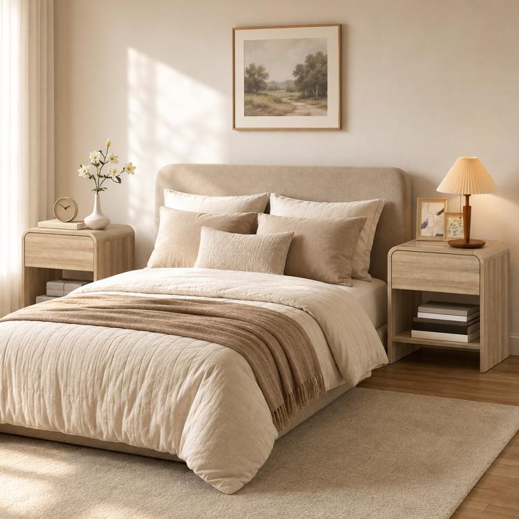 Bedside Tables Set of 2, Nightstands with Rounded Corners, Modern Side Table with Silent Drawer for Bedroom, Natural