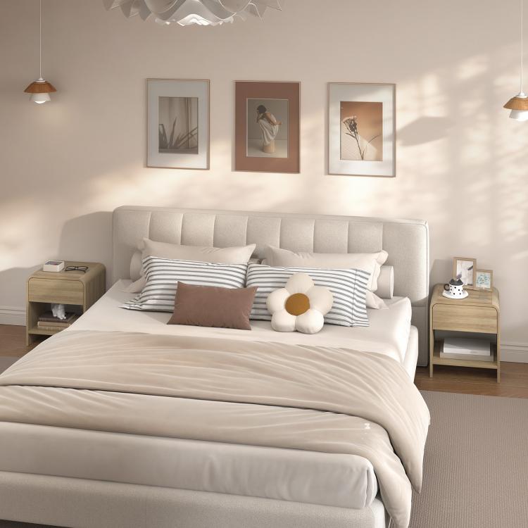 Bedside Tables Set of 2, Nightstands with Rounded Corners, Modern Side Table with Silent Drawer for Bedroom, Natural