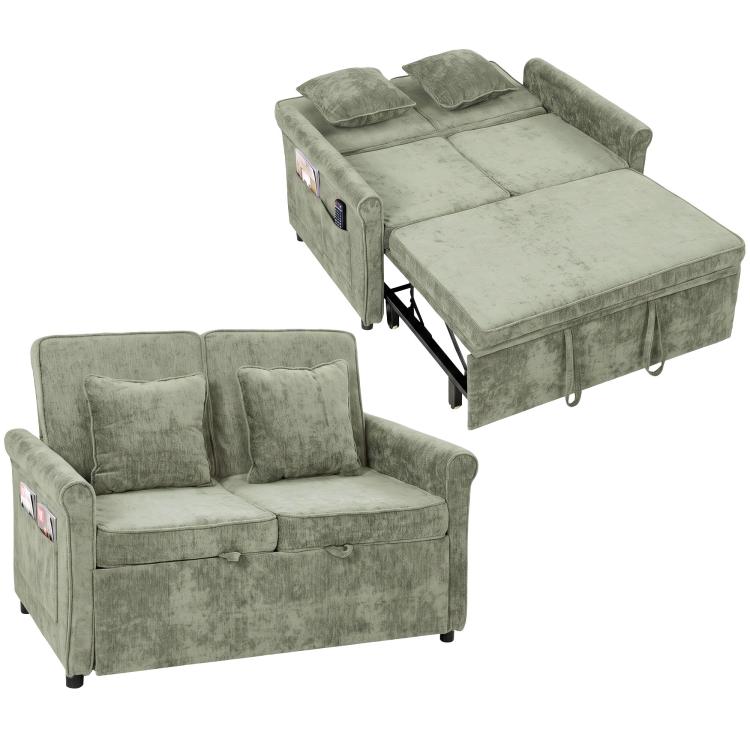 2 Seater Sofa Bed 3-in-1 Convertible Chenille Pull Out Sleeper Sofa with 5-Position Adjustable Backrest, Light Green