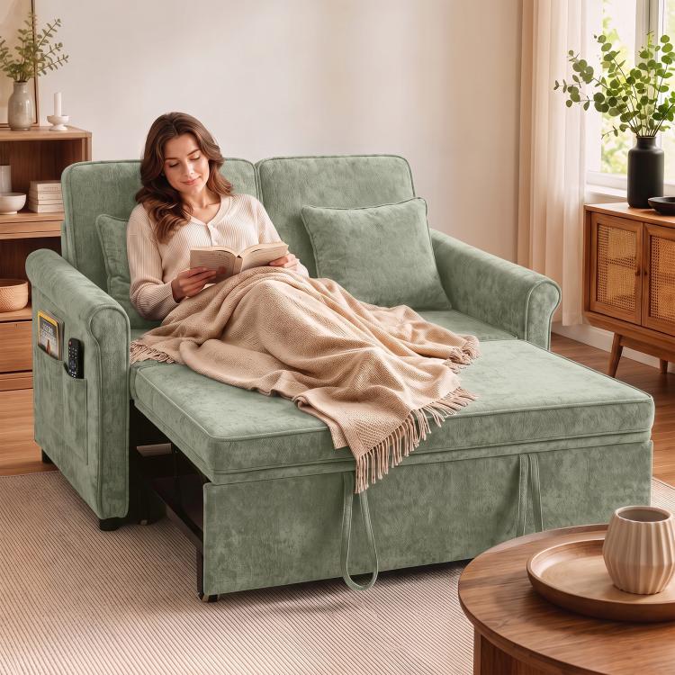2 Seater Sofa Bed 3-in-1 Convertible Chenille Pull Out Sleeper Sofa with 5-Position Adjustable Backrest, Light Green
