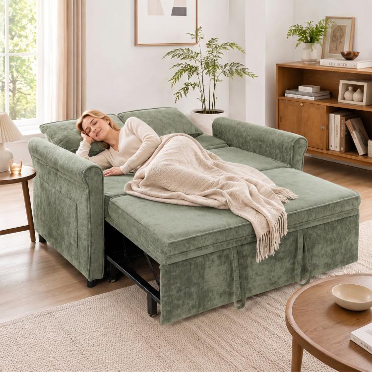 2 Seater Sofa Bed 3-in-1 Convertible Chenille Pull Out Sleeper Sofa with 5-Position Adjustable Backrest, Light Green