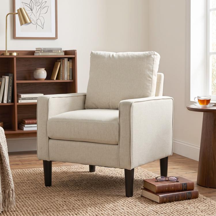 Accent Chair, Removable Pillow Linen Armchair with Comfy Spring Cushion for Living Room, Bedroom, Study, Cream