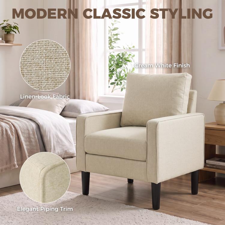 Accent Chair, Removable Pillow Linen Armchair with Comfy Spring Cushion for Living Room, Bedroom, Study, Cream