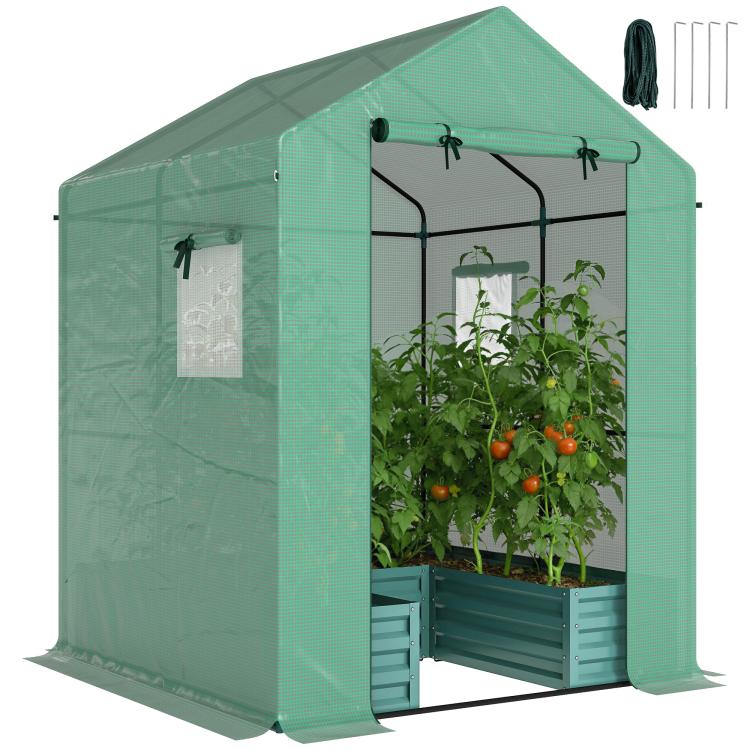 Small Greenhouse with Raised Garden Bed, Galvanised Walk-in Greenhouse with Roll Up Windows, 141 x 141 x 190 cm, Green