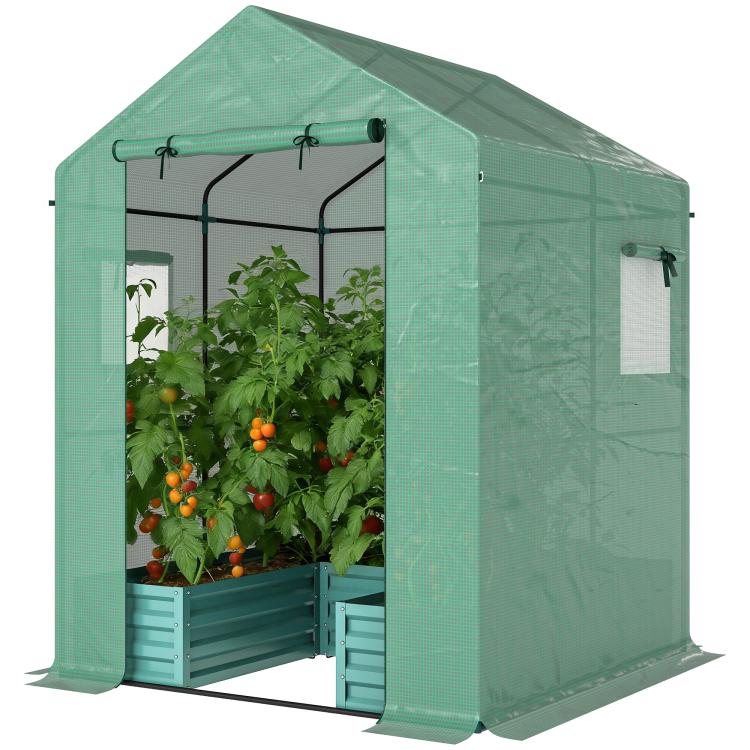 Small Greenhouse with Raised Garden Bed, Galvanised Walk-in Greenhouse with Roll Up Windows, 141 x 141 x 190 cm, Green