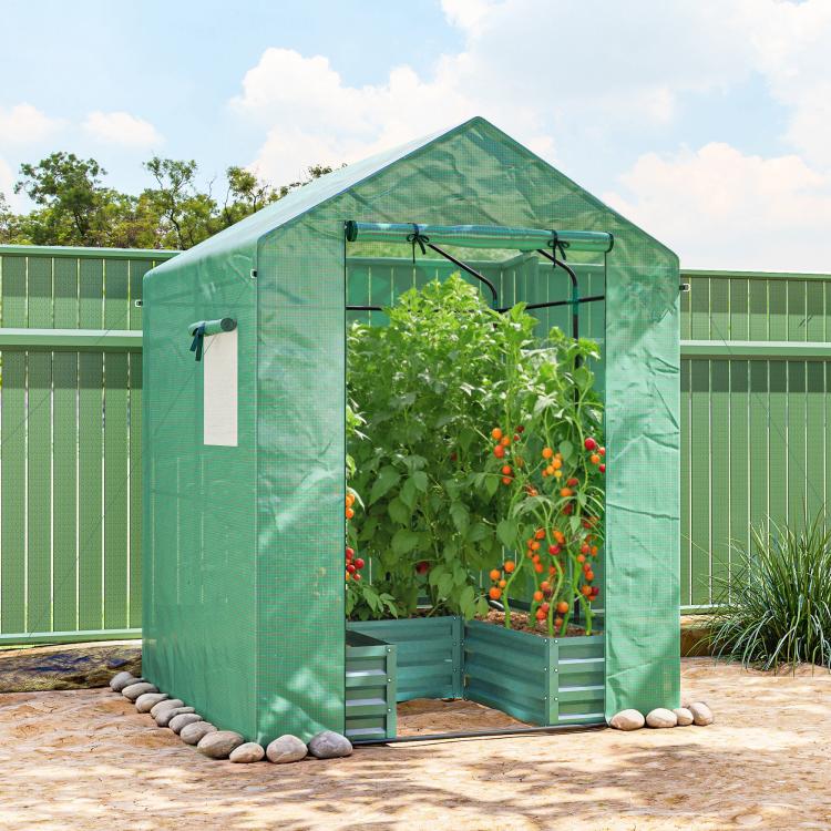 Small Greenhouse with Raised Garden Bed, Galvanised Walk-in Greenhouse with Roll Up Windows, 141 x 141 x 190 cm, Green