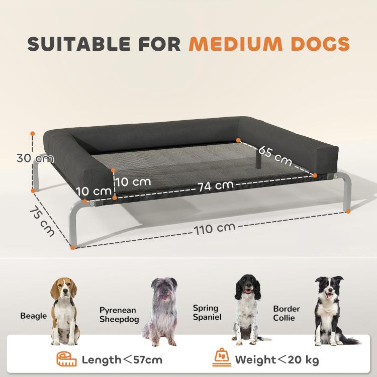 Elevated Dog Bed with Removable Bolsters, Raised Dog Bed for Medium Breeds, Portable Indoor & Outdoor Pet Cots, Black