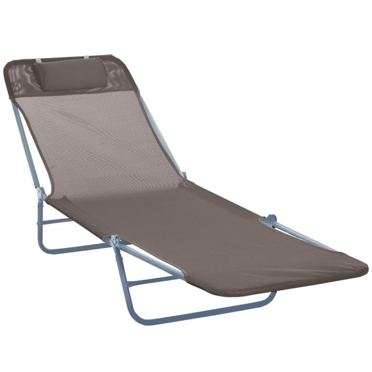 Folding Sun Lounger, Texteline Reclining Sun Bed with 5 Position Adjustable Backrest, Headrest, Coffee