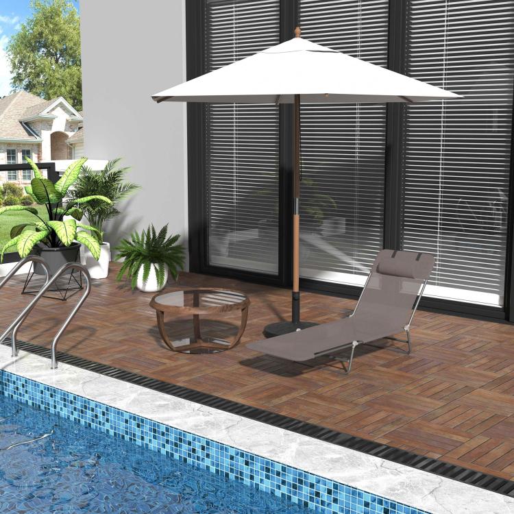 Folding Sun Lounger, Texteline Reclining Sun Bed with 5 Position Adjustable Backrest, Headrest, Coffee