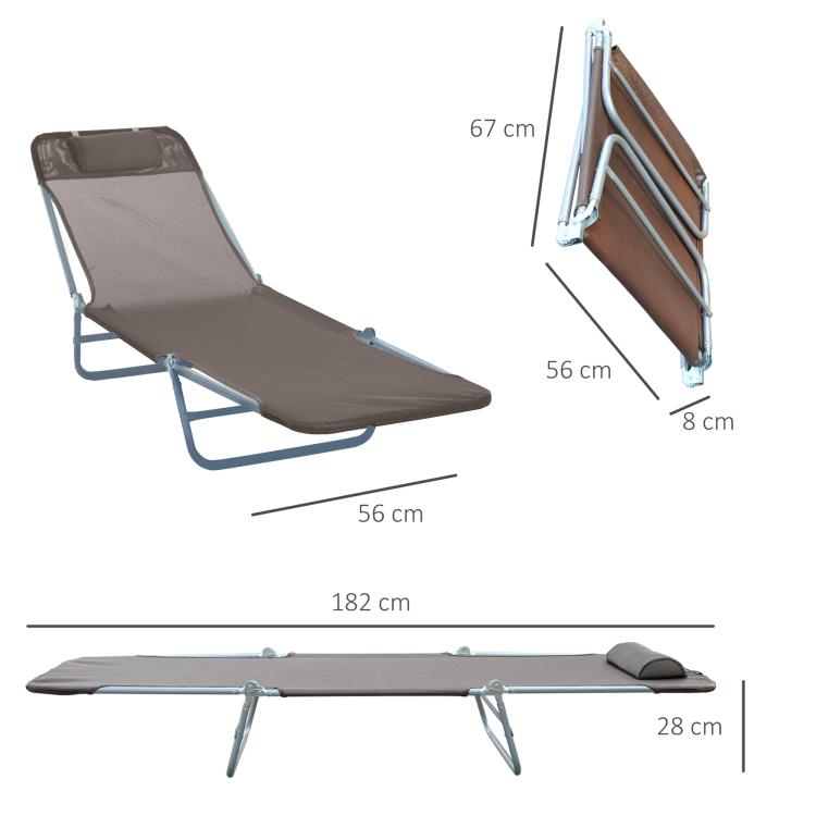 Folding Sun Lounger, Texteline Reclining Sun Bed with 5 Position Adjustable Backrest, Headrest, Coffee