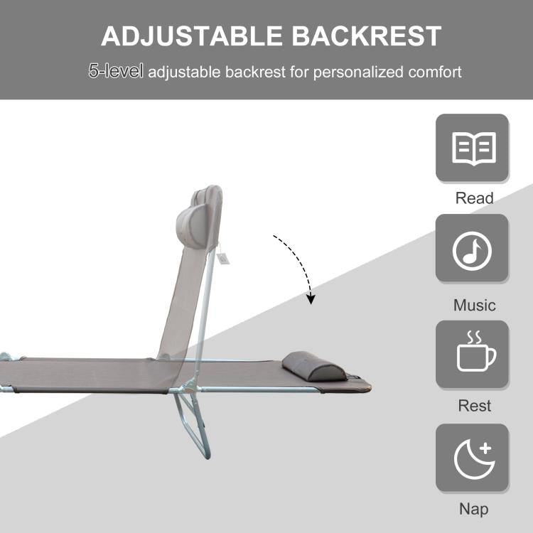 Folding Sun Lounger, Texteline Reclining Sun Bed with 5 Position Adjustable Backrest, Headrest, Coffee
