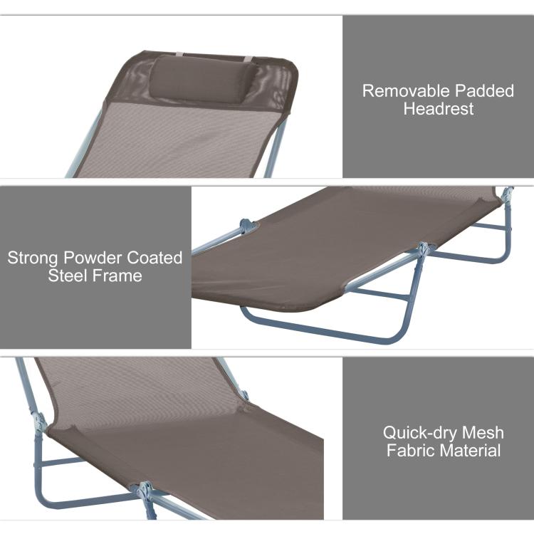 Folding Sun Lounger, Texteline Reclining Sun Bed with 5 Position Adjustable Backrest, Headrest, Coffee