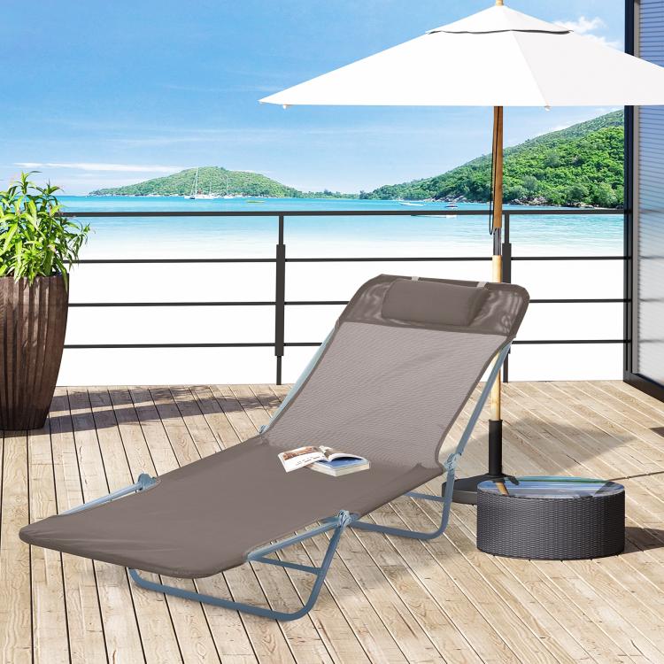 Folding Sun Lounger, Texteline Reclining Sun Bed with 5 Position Adjustable Backrest, Headrest, Coffee