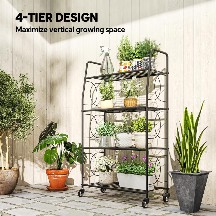 4-Tier Metal Plant Stand, Heavy Duty Ladder Shelf Potted Plants Display Rack with Lockable Wheels