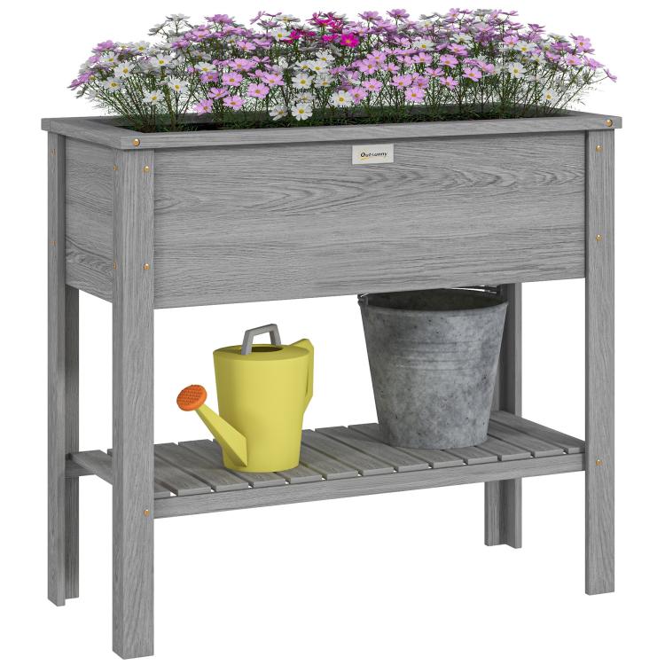Wooden Raised Garden Bed, Elevated Planter Box with Storage Shelf and Drainage Holes, Raised Planter with Legs, Grey