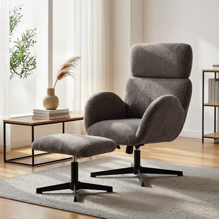 Swivel Armchair and Footstool Set, Height Adjustable Accent Chair with Adjustable Headrest, Rocking Function, Grey