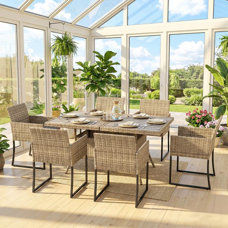 7 Piece Rattan Garden Furniture Set, Garden Dining Set with Wood-Plastic Table and 6 Stackable Chairs, Dark Grey