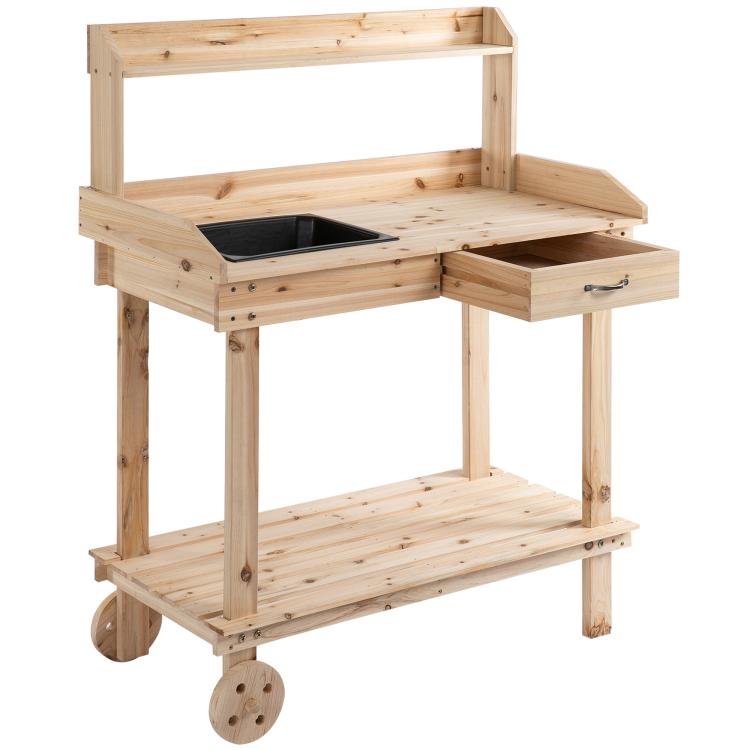 Garden Potting Bench Table, Wooden Work Station, Outdoor Planting Workbench with 2 Wheels, Sink, Drawer & Large Storage Spaces, 92x45x119cm