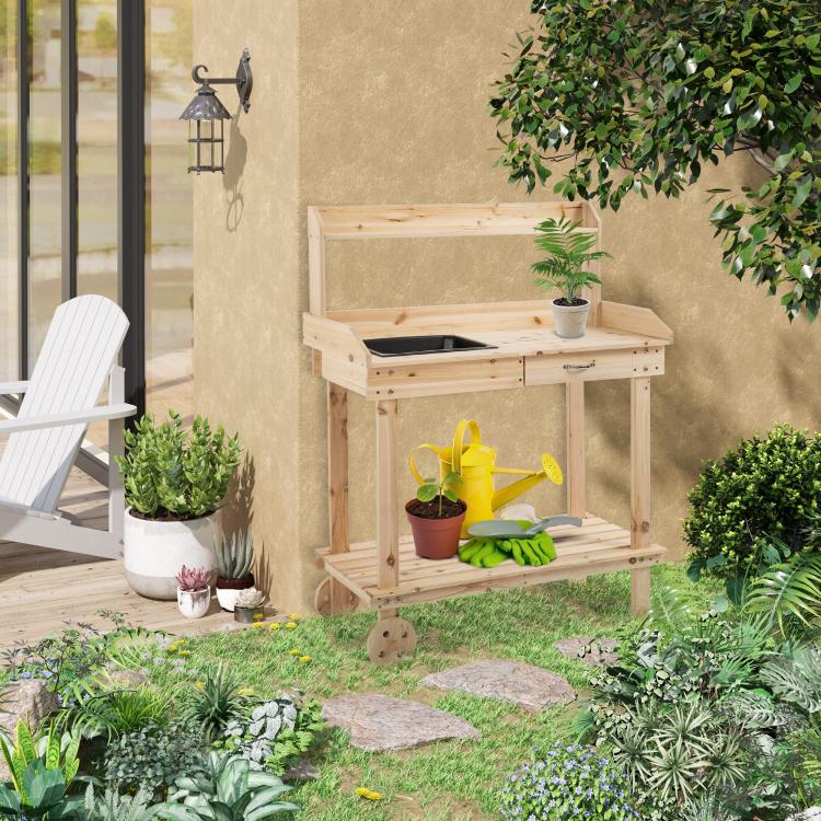 Garden Potting Bench Table, Wooden Work Station, Outdoor Planting Workbench with 2 Wheels, Sink, Drawer & Large Storage Spaces, 92x45x119cm