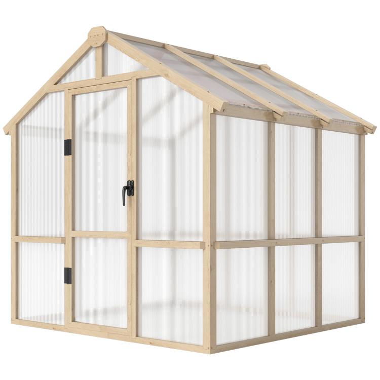 6.6 x 6ft Polycarbonate Greenhouse, Walk-in Wooden Greenhouse with Lockable Door and Window, Garden Plants Grow House, Brown