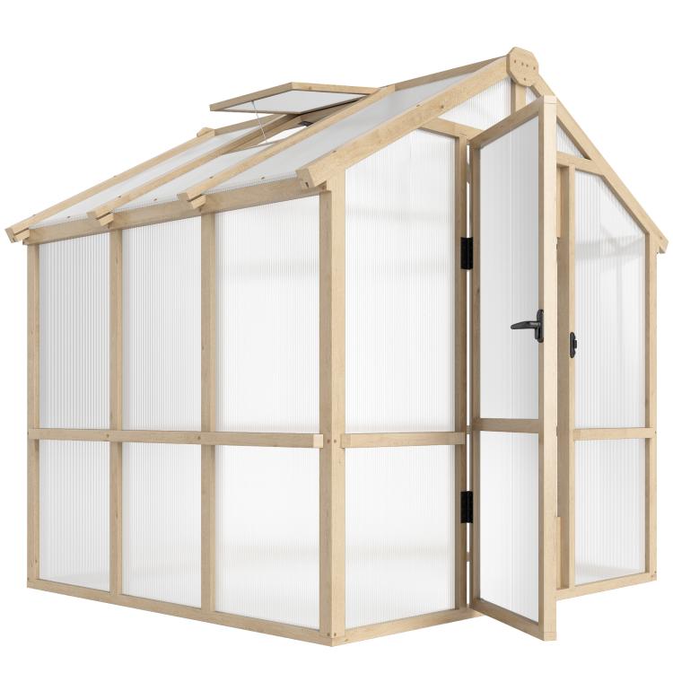 6.6 x 6ft Polycarbonate Greenhouse, Walk-in Wooden Greenhouse with Lockable Door and Window, Garden Plants Grow House, Brown
