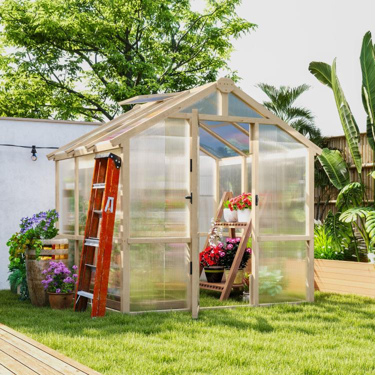 6.6 x 6ft Polycarbonate Greenhouse, Walk-in Wooden Greenhouse with Lockable Door and Window, Garden Plants Grow House, Brown
