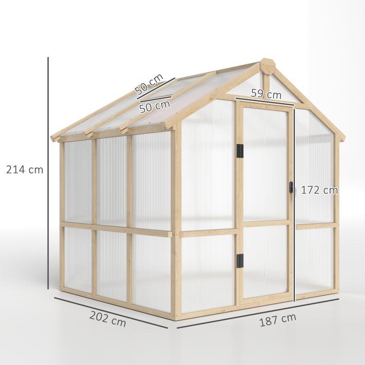 6.6 x 6ft Polycarbonate Greenhouse, Walk-in Wooden Greenhouse with Lockable Door and Window, Garden Plants Grow House, Brown