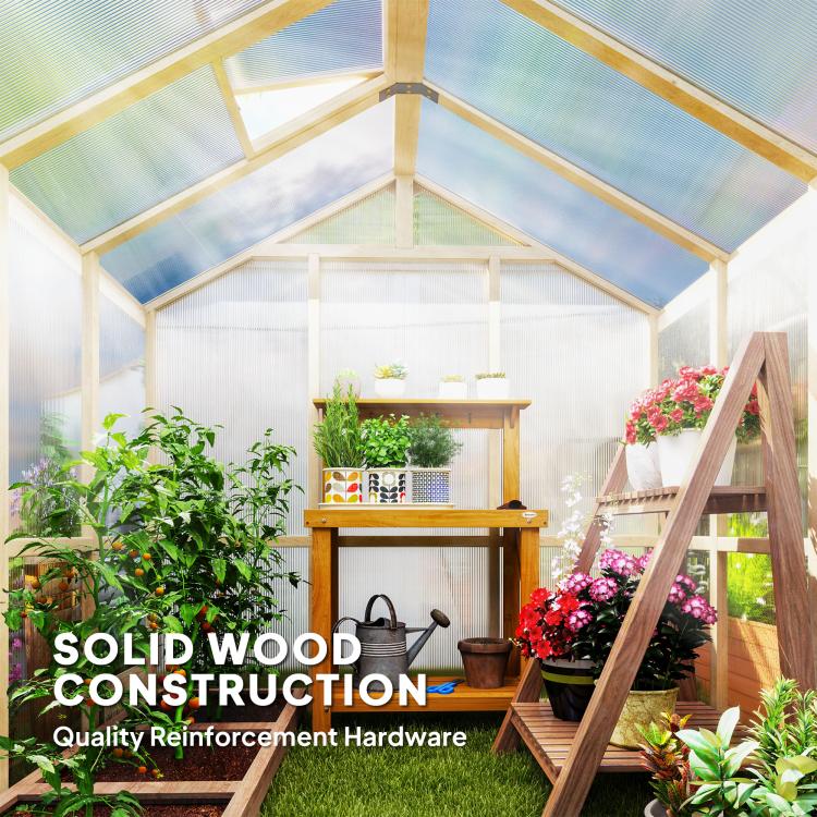 6.6 x 6ft Polycarbonate Greenhouse, Walk-in Wooden Greenhouse with Lockable Door and Window, Garden Plants Grow House, Brown