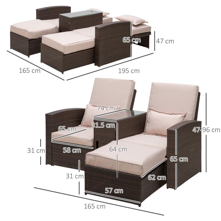 2-Seater Rattan Sofa Lounger Set-Brown