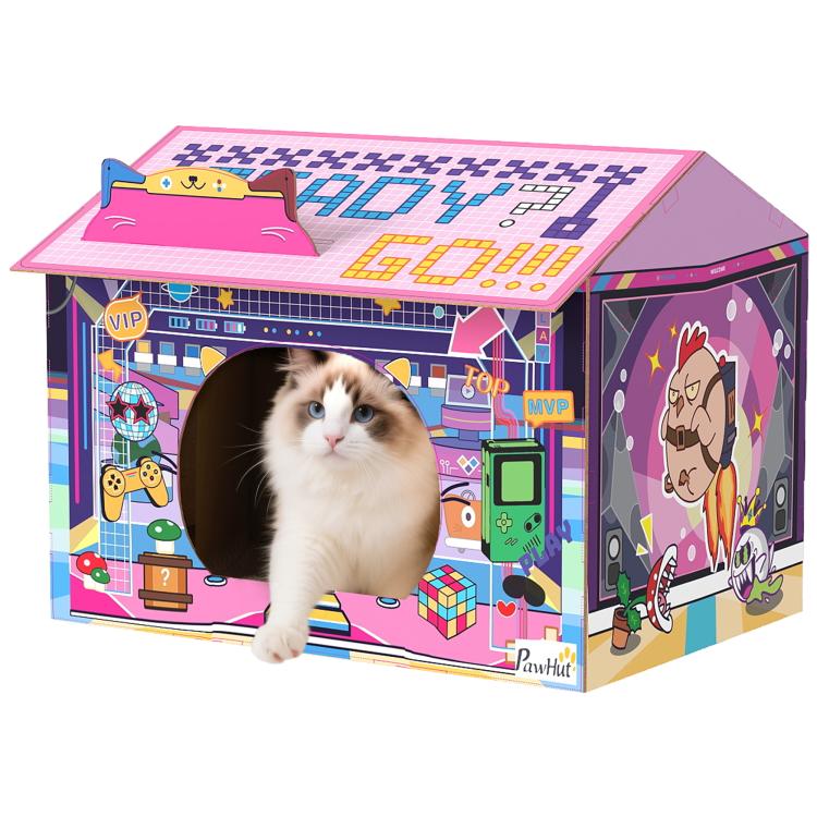 2 in 1 Gaming Style Cardboard Cat House with Scratching Board & Catnip for Indoor Cats, Pink
