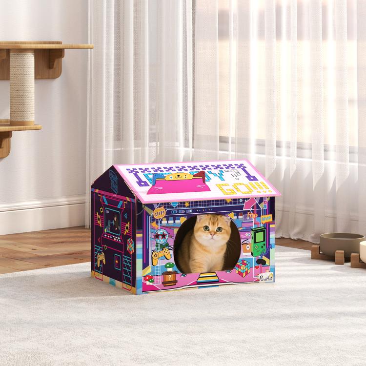 2 in 1 Gaming Style Cardboard Cat House with Scratching Board & Catnip for Indoor Cats, Pink