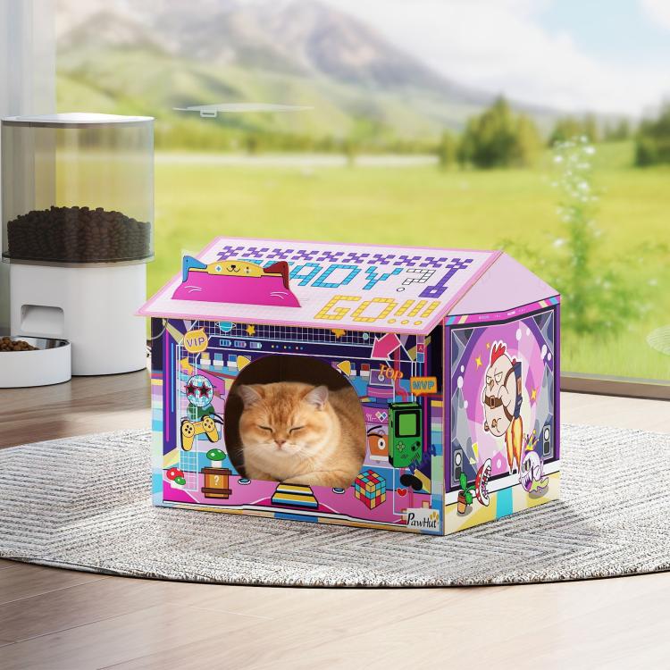2 in 1 Gaming Style Cardboard Cat House with Scratching Board & Catnip for Indoor Cats, Pink