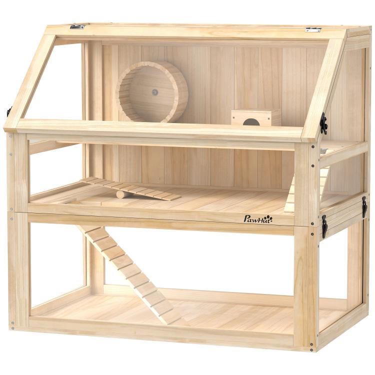 Wooden Hamster Cage with Detachable 31cm Deep Bottom, Hut, Seesaw, Exercise Wheel, Ramp, 80 x 50 x 76cm, Natural