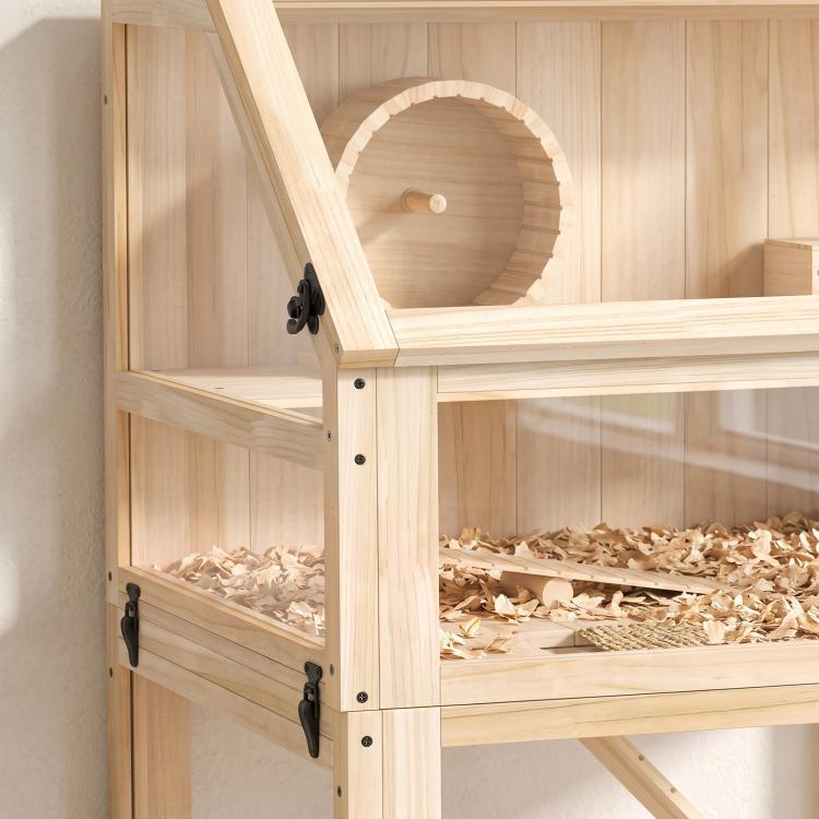 Wooden Hamster Cage with Detachable 31cm Deep Bottom, Hut, Seesaw, Exercise Wheel, Ramp, 80 x 50 x 76cm, Natural